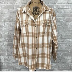 Women’s Plaid Button Down Flannel Shirt size large White and Brown Soft by Japna